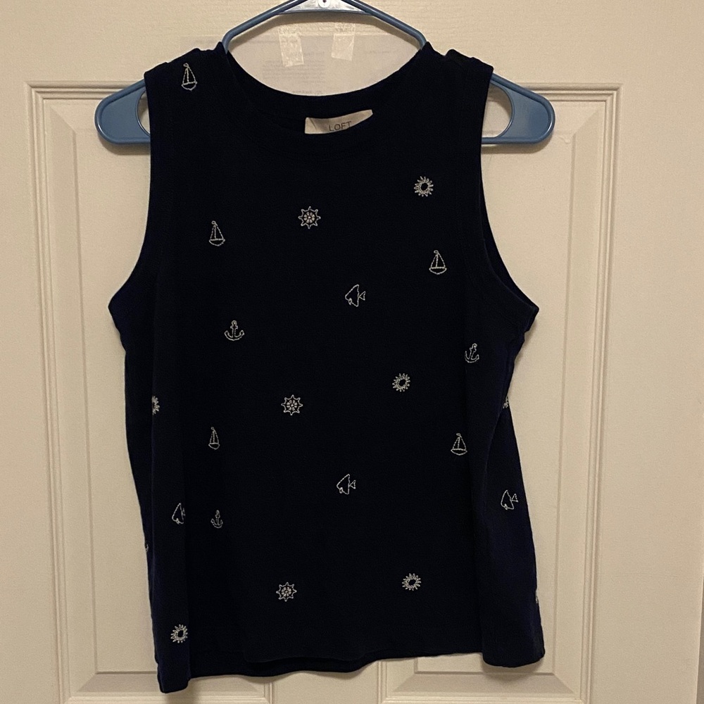 LOFT Navy Blue Sleeveless Top with Nautical Embroidery